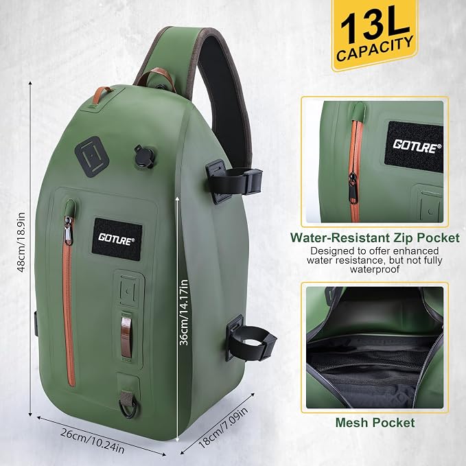 Goture Waterproof Fly Fishing Sling Pack, IPX8 840D TPU Fishing Sling Bag, 13L Tackle Backpack with Rod Holder,Airtight Zipper,Exhaust Valve,Adjustable Strap for Kayaking,Wadering,Hiking