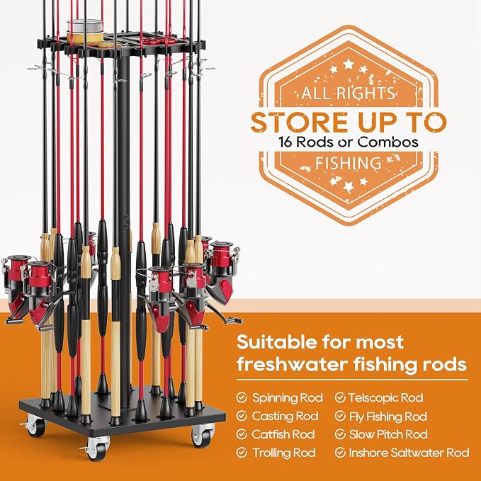 Fishing Rod Holder Rack with 360° Rotating Base – 16 poles Capacity,multi-purpose Rod Storage Rack,Easy Install & Durable Wooden Vertical Fishing Pole Holders for Ground,Black