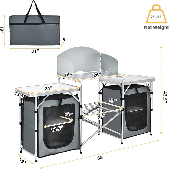 Giantex Camping Kitchen Station, Folding Grill Table with 26'' Tabletop, 2 Side Tables, Storage Organizer, Detachable Windscreen, Portable Camp Cook Outdoor Prep Station Backyard BBQ Picnic (Grey)