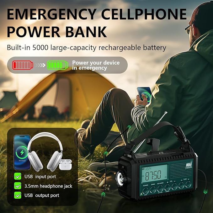 NOAA Emergency Weather Radio with Auto Alerts, 5000mAh Solar Hand Crank AM/FM/SW Shortwave Radio with Flashlight, Reading Lamp, Phone Charger, SOS Alarm, Survival Gear, Time Clock & Large LCD Display