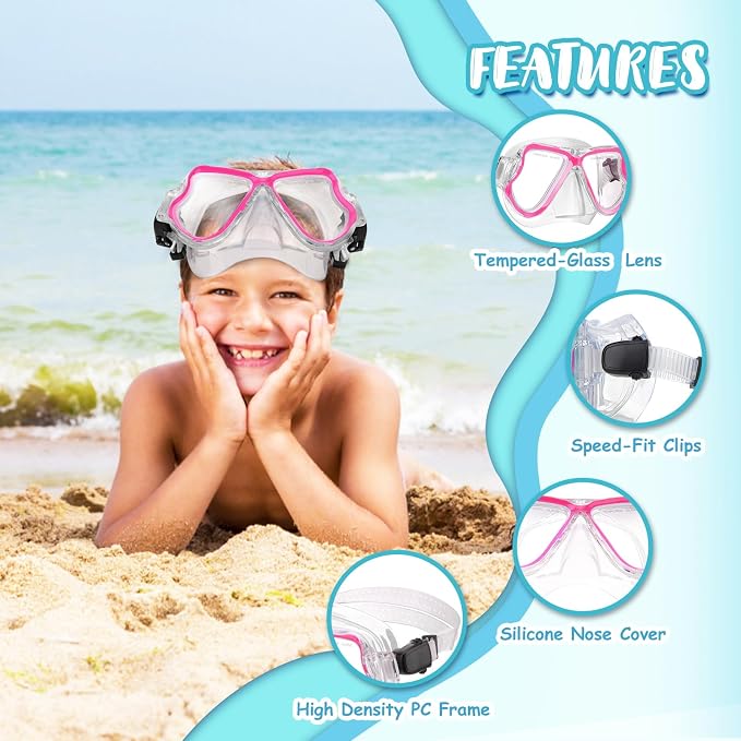 Snorkeling Gear for Kids, 4 in 1 Child Mask Fins Snorkel Set with Panoramic View Anti Fog Mask, Dry Top Snorkel, Trek Fins and Travel Bag, Kids Snorkeling Set with Fins for Snorkeling Swimming