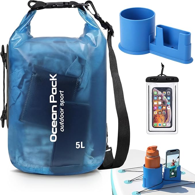 Thinkday 3 Pcs Paddle Board Accessories Include 5L Waterproof Dry Bag for Women Men 2-in-1 Paddleboard Cup Holder Waterproof Phone Case Roll Top Lightweight Storage Bag for SUP Kayak Boat (Blue)