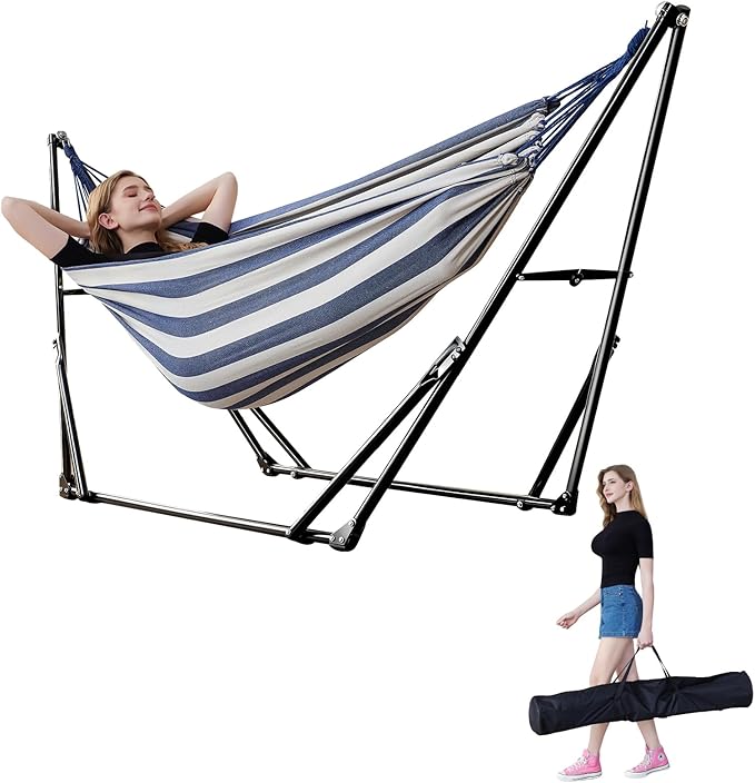 Portable Hammock with Stand for Outside Foldable,Frabic Tension Adjustable Indoor,Carrying Bag Included, 616 lbs Weight Capacity, Suitable Garden Yard Outdoor Inhouse Blue