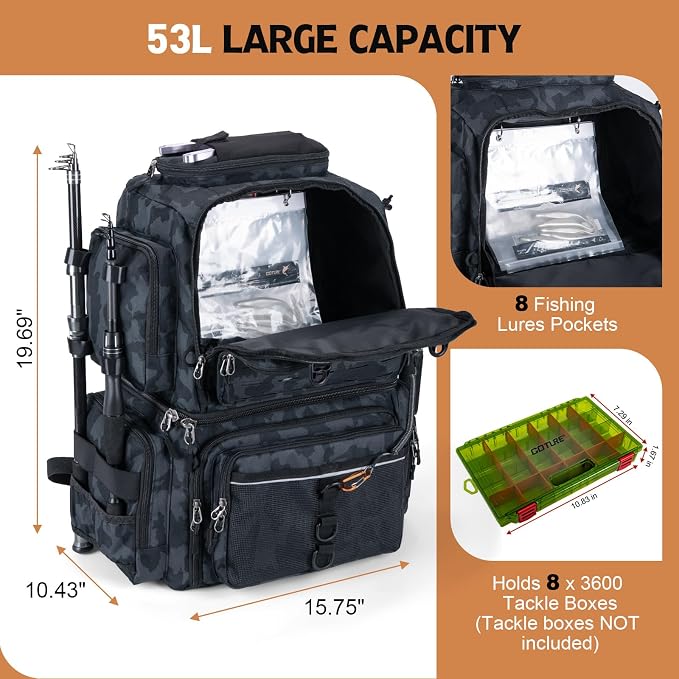 Goture Fishing Backpack, 53L 600D Water-Resistant Insulated Tackle Backpack with Cooler, Rod Holders, 8 Lure Pockets, Rain Cover, Gear Storage Large Fishing Bag for Camping Hiking(Without Tackle Box)