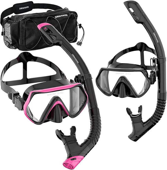 DRMAWIN Snorkeling Gear for Adults & Kids, Dry-Top Snorkel Set with 180° Tempered Glass Mask, Anti-Fog Anti-Leak, Travel Mesh Gear Bag