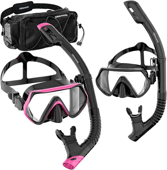 DRMAWIN Snorkeling Gear for Adults & Kids, Dry-Top Snorkel Set with 180° Tempered Glass Mask, Anti-Fog Anti-Leak, Travel Mesh Gear Bag