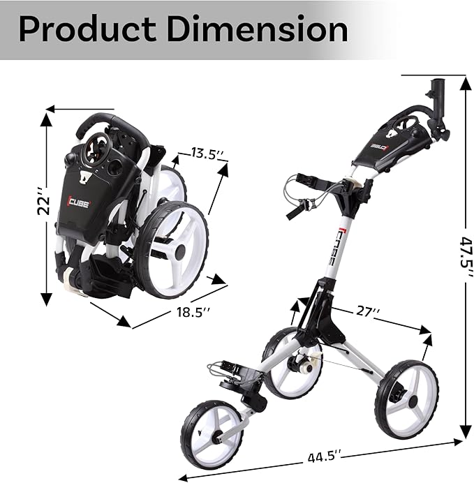 CUBE CART 3-Wheel Golf Push Cart – Ultra-Compact 14.5 lb Folding Golf Trolley, Two-Step Fold, Adjustable Handle, Foot Brake, Umbrella Holder & Built-in Storage