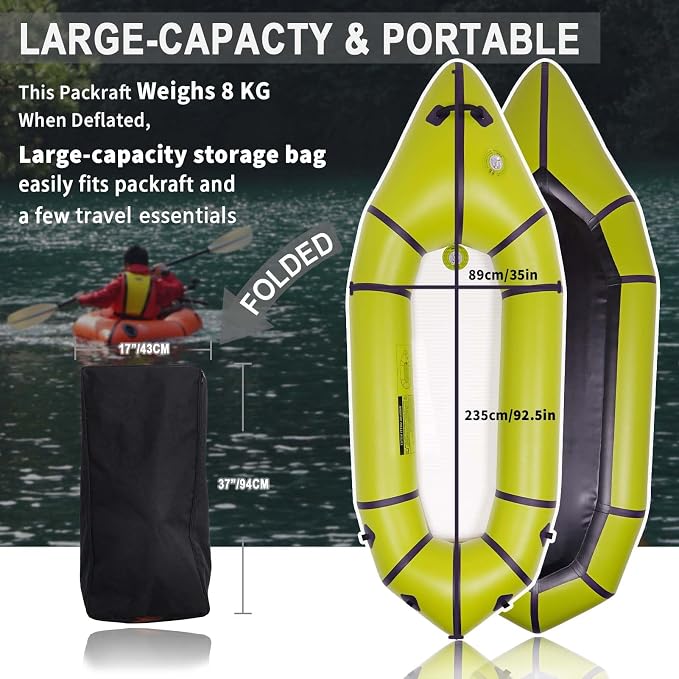PVC Packrafts,1 Person Packraft for Flat Water Rafting Camping Trip/Fishing/Water Adventures, Travel Kayak with Two-Way Manual Pump, 300lb Weight Capacity