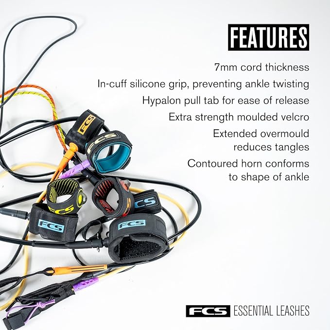 FCS All Round Essential Leash | Lightweight & Durable Surf Leash for 2-8ft Waves, in-Cuff Silicone Grip, Easy-Release Tab