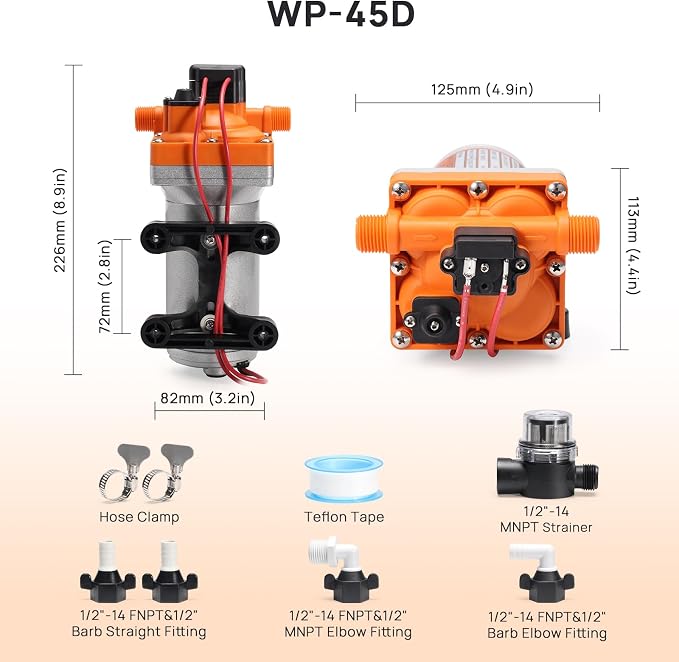 TURBRO 5.0 GPM 55 psi RV Water Pump, 12V DC Self-Priming Diaphragm Pump, Water Pressure Pump with Pressure Switch and Overheating Protection, for RV, Marine, Boat, Yacht, Camper, Garden, Irrigation