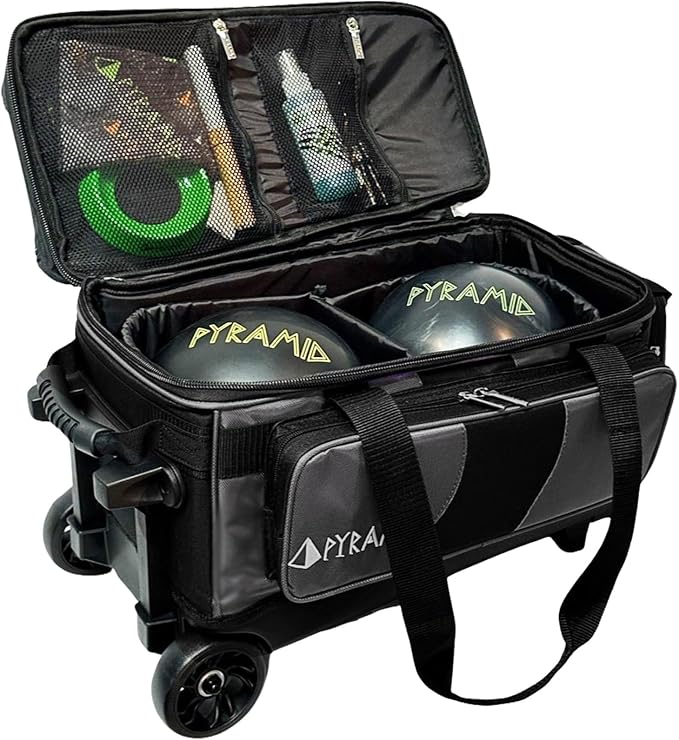 Pyramid Deluxe Double Roller 2 Ball Bowling Bag with Large Separate Shoe Compartment (Up To 2 Pairs Of Shoes) and Accessory Pockets, Sturdy Square Handle - Extends to 40" - Pro Options Available
