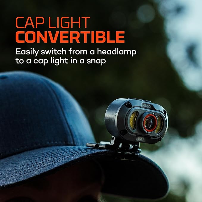 NEBO MYCRO 900+ Headlamp | 900 Lumen, 7 Light Modes, White & Red Light with Spot & Flood, USB-C Rechargeable, Water Resistant, Adjustable Strap, Cap Light Convertible, Ideal for Camping & Hiking