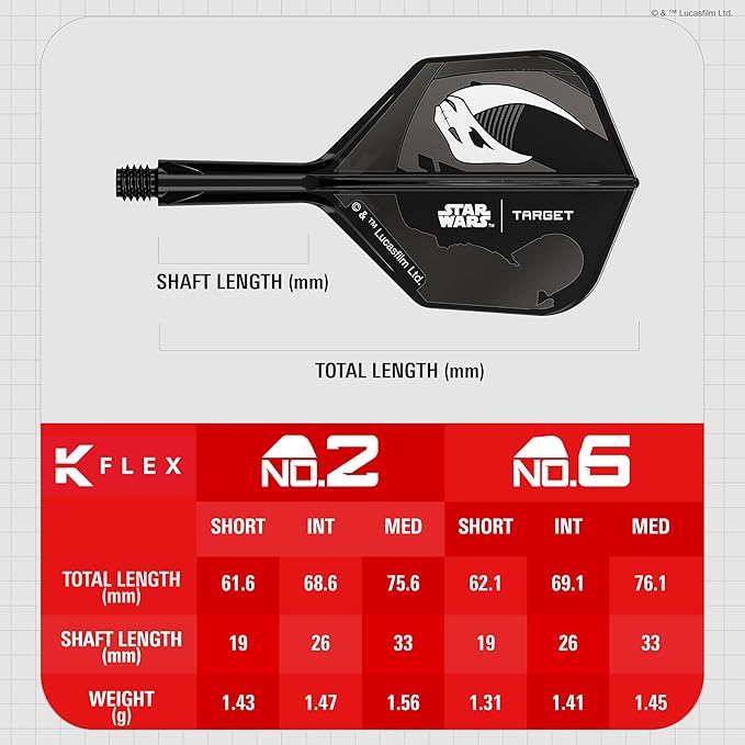 Target Darts Star Wars Mandalorian K Flex Integrated Dart Flights & Shafts | Character Inspired Pack of 3 K-Flex, No.2 & No.6 | Short, Intermediate & Medium Disney Kflex Accessories