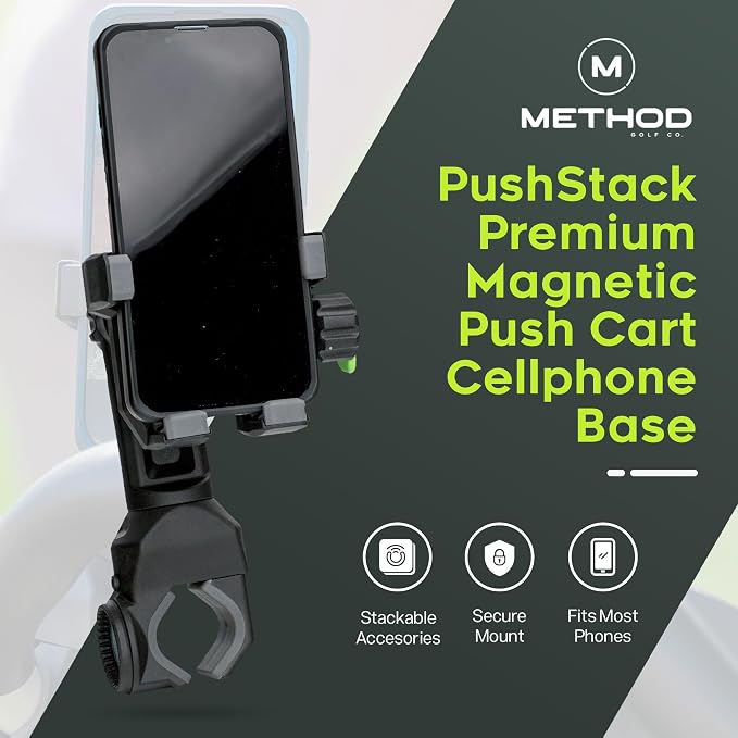 Method Golf PushStack Pro Pack- Magnetic Phone Holder for Golf Push Cart Plus Rangefinder Magnetic Strap, MagStack Microfiber Towel and Club Brush with MagStack Tile- Universal Fit for Most Phones