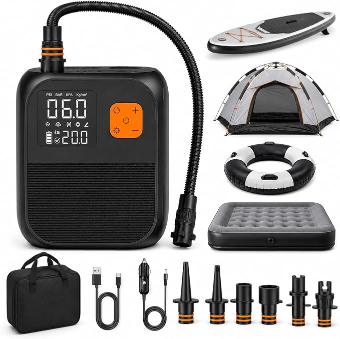 Susbie Paddle Board Electric Pump for Inflatables, Dual Stage Inflation & Deflation, Auto-Off, Wireless & Car Charging, for SUP Paddle Board, Air Mattress, Boat, Tent, Pool Float