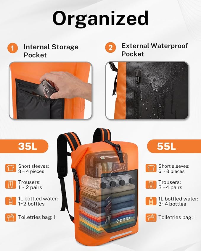 Gonex Ultralight Waterproof TPU Backpack, 35L Roll Top Dry Bag with Comfortable Padded Back Panel for Kayaking Boating Camping Fishing Travel,Orange