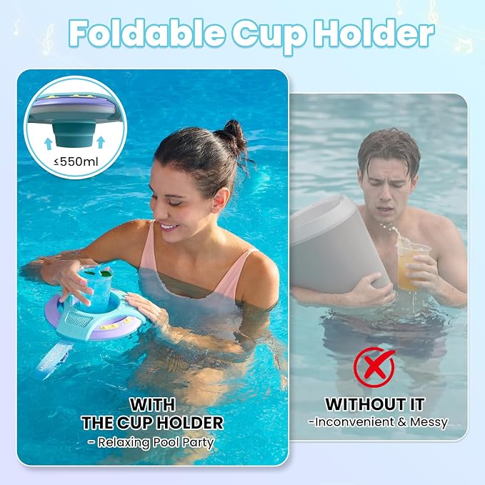Mambobaby Float Bluetooth Speaker with Foldable Cup Holder, IPX7 Waterproof Bathroom Speaker, 360° Surround Sound, Colorful LED Lights, Dual Speakers, Ideal for Pool, Beach & Outdoor Use-Blue Purple