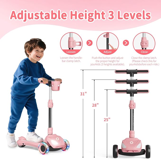 Electric Scooter for Kids with 3 LED Lighted Wheels, Adjustable Height & Lean-to-Steer, Anti-Slip Deck with Lights, Easy-Fold Mechanism, Balance Scooter for Kids,Toddlers