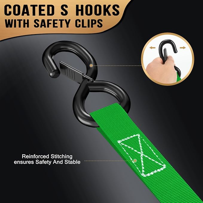 Retractable Ratchet Straps (4-Pack) - 1 in x 10 Ft (1800 LB Break Strength) Heavy Duty Self Retracting Ratchet Straps with Soft Loops & Storage Bag for Household, Motorcycle, Truck, ATV(Green)