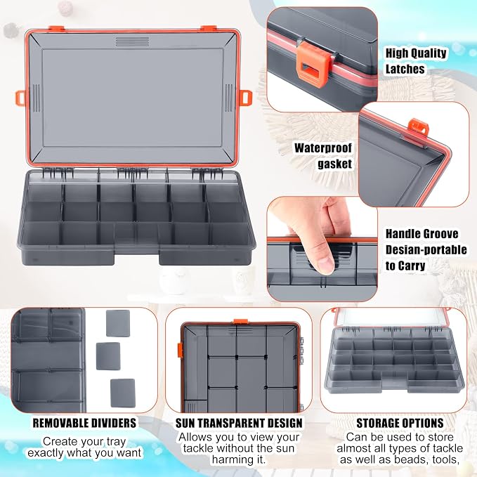 Wonderjune 12 Pack Fishing Tackle Boxes Waterproof 3600 and 3700 Tackle Trays with Removable Dividers Plastic Storage Organizer Bait Vault Camouflage Box for Freshwater Saltwater (Orange,3600)