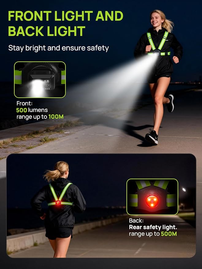 Acso Running Lights for Runners, 500 Lumens Running Light with 360°Reflective Vest, 45° Adjustable,IPX5 Waterproof Rechargeable Light Up Gear for Night Walking/Cycling/Jogging/Hiking