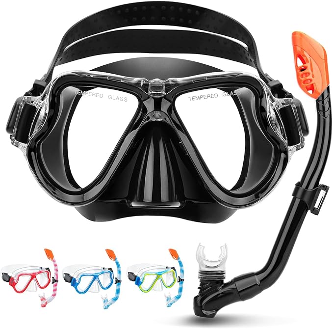 Snorkeling Gear for Kids, 4 in 1 Child Mask Fins Snorkel Set with Panoramic View Anti Fog Mask, Dry Top Snorkel, Trek Fins and Travel Bag, Kids Snorkeling Set with Fins for Snorkeling Swimming