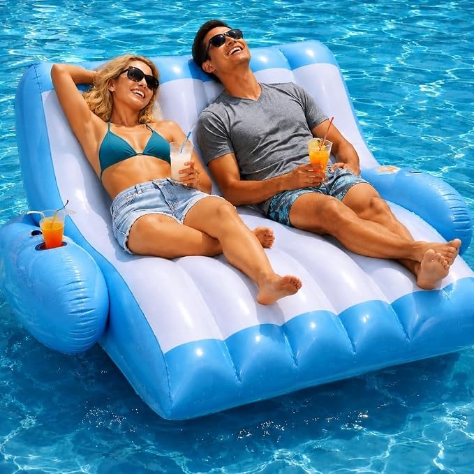 4E's Novelty Two Person Inflatable Pool Recliner Adult Pool Lounger Float with Cup Holder - Heavy Duty Lounger for Adults Floating Recliner Blow Up Floaties Water Floaty Lake Beach Tanning Float