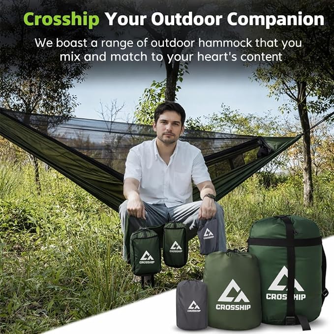 Camping Hammock with Mosquito Net, 2 Person Hammock Bug Net, Portable, Parachute Nylon for Outdoor, Camping, Hiking, Backpacking, Backyard, Beach, Travel (Hold Up to 500lbs) (Forest Green)