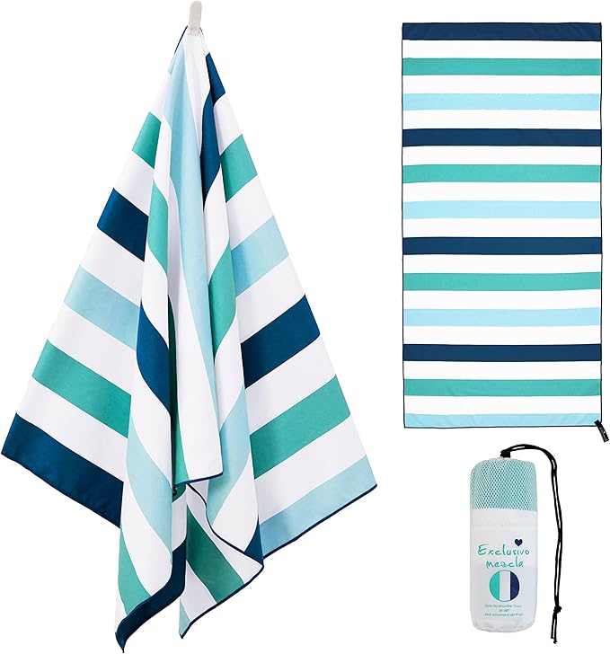 Exclusivo Mezcla Microfiber Quick Dry Beach Towel, Oversized Lightweight Sandfree Pool Towel for Swimming Camping Travel with Bag (Stripe Green, 35x70 Inches)