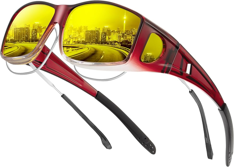 KALIYADI Night-Vision-Glasses Fit-Over-Glasses Wrap-Around Glasses: Anti Glare Night Driving Glasses for men women HD Lens