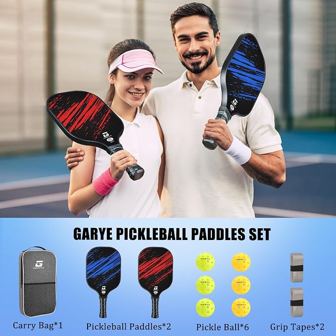 GARYE Pickleball Paddles Set of 2 or 4, USAPA Approved Carbon Fiber Pickleball Set, Lightweight Pickle Ball Rackets 2 Pack with 6 Balls, 1 Bag, Pair of Grip Tapes, Pickle Ball Paddle for Men and Women