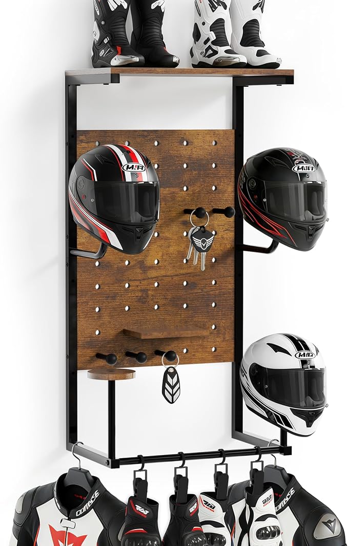 Helmet Holder Wall Mount, Motorcycle Helmet Stand, Motorcycle Accessories Display, Wall-Mounted Helmet Storage Rack with 4 Glove Clips