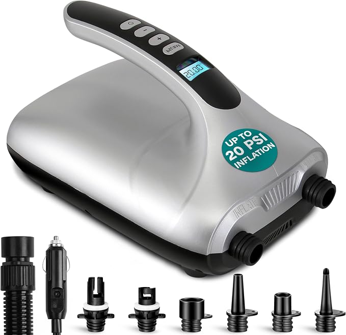 SereneLife Digital SUP Electric Air Pump – 20PSI High Pressure Inflator/Deflator with LCD Display, Universal Adapters, 12V DC Car Connector, Compact Portable Compressor for Kayak & Paddle Boards