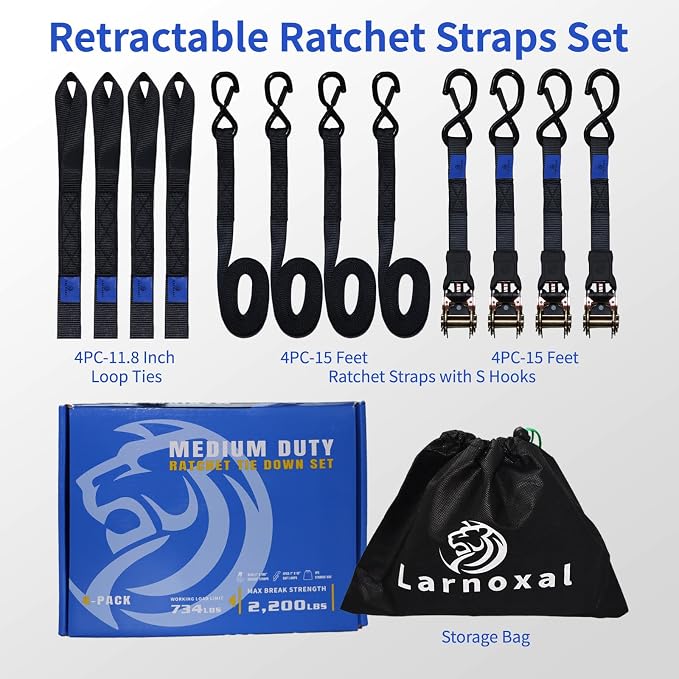Ratchet Straps 4 Pack - 2,200 Lbs Break Strength 1 in x 15 Ft Medium Duty Ratchet Tie Down Straps with S Hooks Set for Truck, Cargo Van, Trailer, Motorcycle (Black)