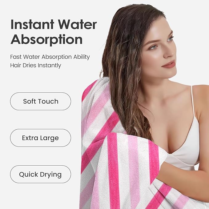 JML Microfiber Bath Towels Set of 4, Large Bathroom Towel for Adult, 30" x 60", Soft, Super Absorbent & Fast Drying, Use for Shower, Sauna, Sport, Fitness, Yoga, Cabana Stripe Pink