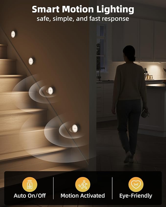 EZVALO 8 Pack Motion Sensor Closet Lights, 1200mAh Rechargeable Under Cabinet Lights, Night Lights, Puck Lights, Dimmable, 3 Color Temps, Magnetic, Stick-On for Kitchen, Stairs, Closet