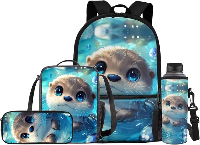 Otter Backpack for Girls Kids School Bag with Lunch Bag Pencil Case and Water Bottle Holder Set of 4 Boys Daypack Travel Bag Satchel Bagpack Back to School Accessories