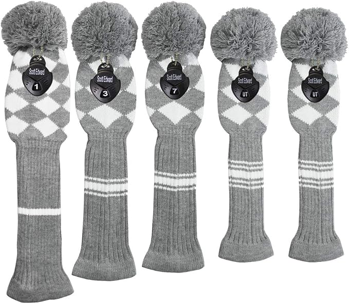 Scott Edward Knit Golf Club Cover with a Pom Set of 5 Head Covers Protect Driver Wood(460cc) 1 Fairway Wood2 and Hybrid/UT2 with Rotating Club Number Tags