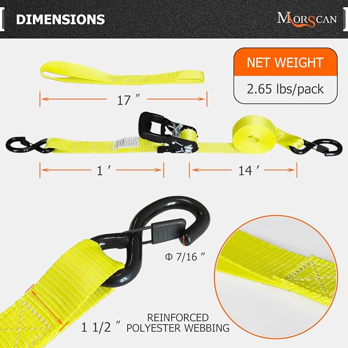 4-Pack 1.5" x15' Ratchet Straps Kit - 5,000lbs Break Strength Heavy Duty Tie Down Straps with Safety S Hooks & Soft Loops for Load Securement Tie-Down in Trucks Trailers ATV UTV Motorcycle