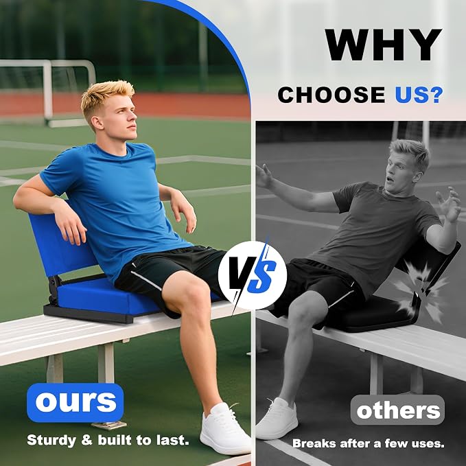 Fragess Bleacher seat, Stadium Seats with Back Support and Thick Cushion, Bleacher Chairs with Shoulder Strap and Side Pocket, Stadium Seat for Bleachers, Perfect for Sports Events(Blue)