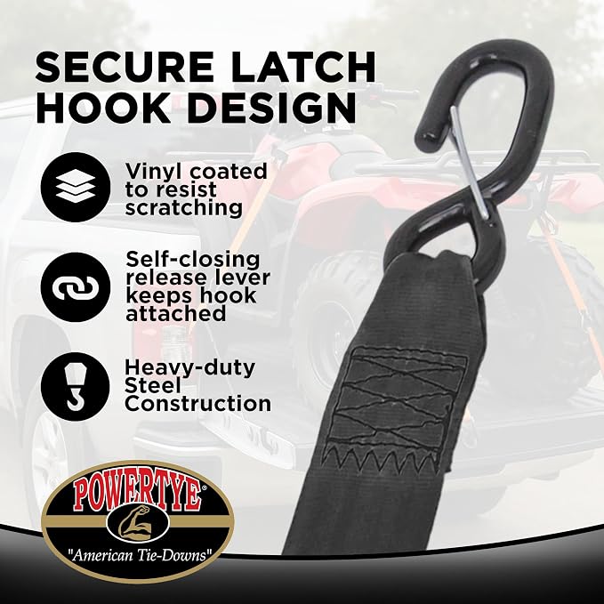PowerTye - 2 inch x 10ft Long Retractable Ratchet Tie Down Strap with Latch-Hooks - Self-Retracting Ratchet, 800 lb W.L.L., Ideal for Motorcycle, ATV, Cargo, Includes Bag & Soft-Tyes, Black (Pair)