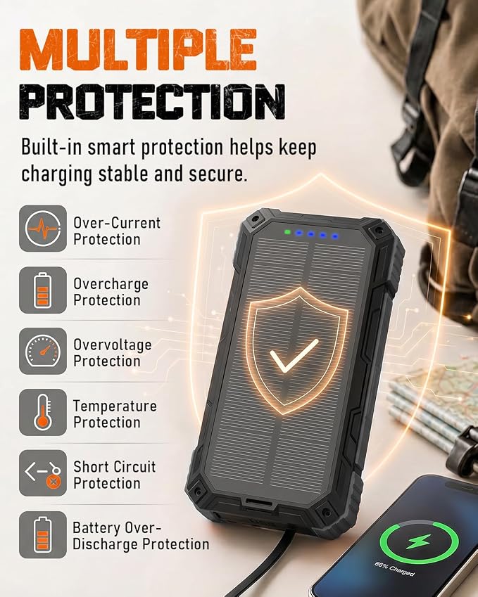49800mAh Solar Charger Power Bank -Wireless, 4 Cables (Black) | IP65, Dual LED Flashlight, QC3.0, USB-C In/Out for Camping & Emergencies