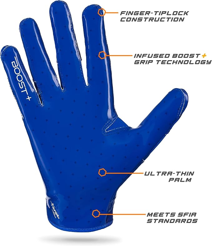 Grip Boost Football Gloves - Solid Stealth 6.0 Boost Plus Sticky Technology - Adult and Youth Football Gloves for Wide Receiver - Men's and Boys Sizes
