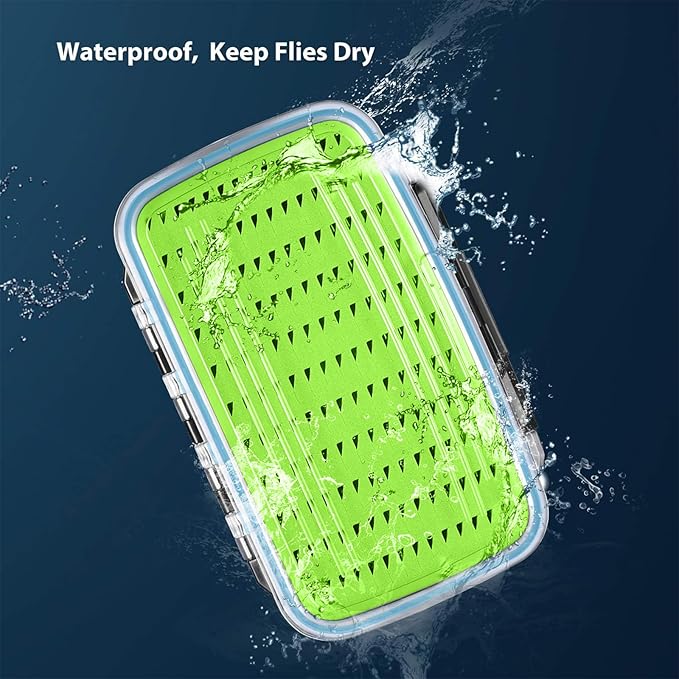 Gonex Fly Boxes for Fly Fishing Jig Boxes Two-Sided Waterproof Lightweight Fly Fishing Box Easy Grip Transparent Lid Fly Fishing Lures Box, 7.3"x 4.6"x 1.5", Green