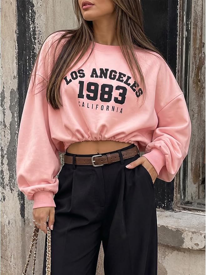 Flowyair Womens Crewneck Sweatshirt Los Angeles Elastic Waist Crop Tops | Long Sleeve, Loose Fit, Fall Spring, Pullover Tops, Round Neck, Elasticated Hem