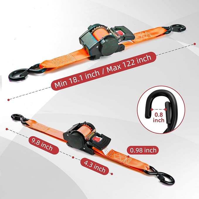 Auto Retractable Ratchet Straps 1800 lbs, 1in × 10ft Self-Retracting Tie Down Straps with Zinc S-Hooks, Heavy Duty Cargo Tie Downs for Trucks, Trailers & Roof Racks, 2 Pack, Orange