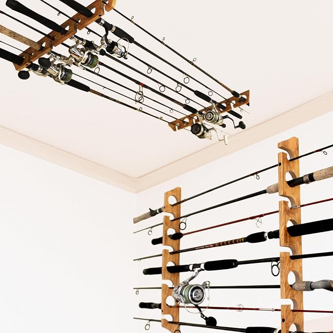 Rush Creek Creations 8 Fishing Rod Wall or Ceiling Storage Rack, Vertical or Horizontal Holder for Garage, 8 Rod and Reel Combo Capacity