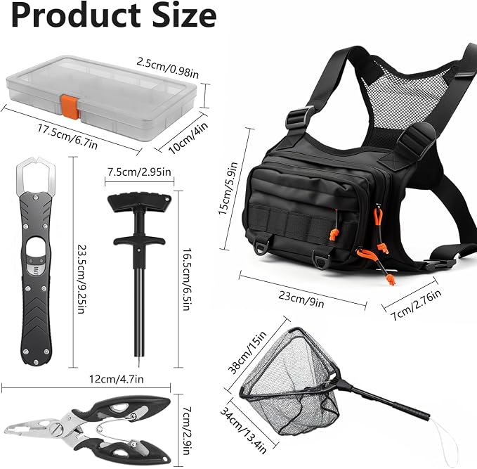 All in One Fishing Chest Pack Tackle Bag with Tackle Box, Fishing Lures Kit | Hook Remover Tool, Fish Lip Gripper, Fishing Plier Friendly for Beginners & Professional Anglers Gifts for Men (Black)