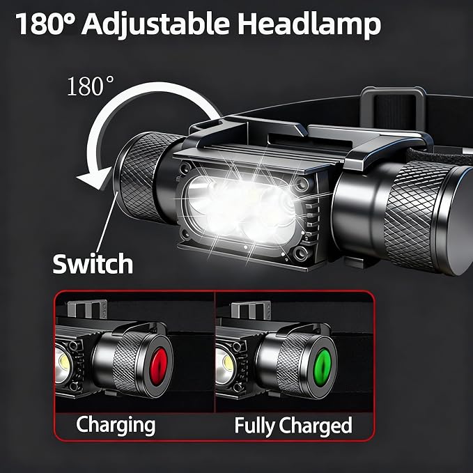 LED Headlamp Rechargeable, 1600 Lumen Super Bright Head Lamp with 6 Light Modes, USB-C Charging, IP65 Waterproof, 180° Adjustable for Camping, Hiking, Fishing, Work & Emergencies