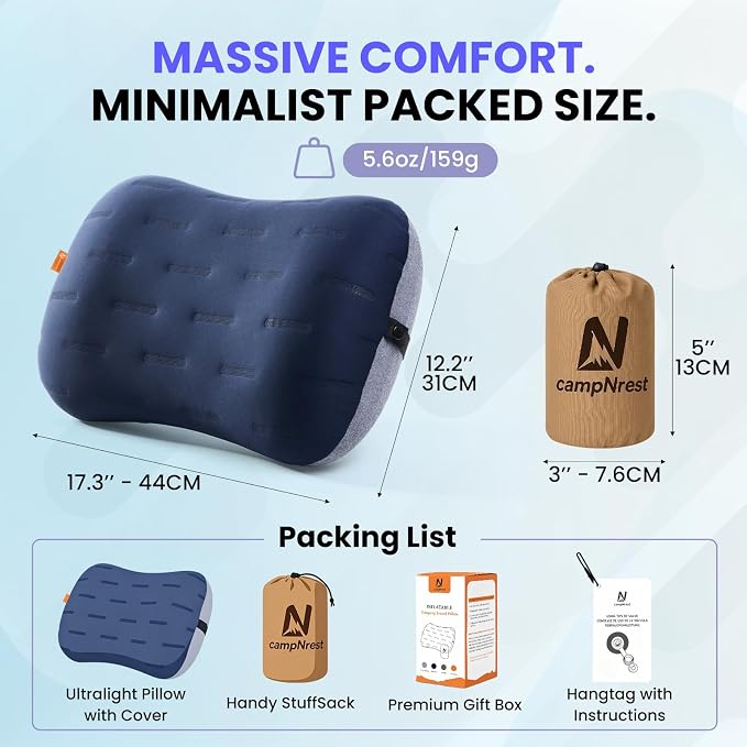 Inflatable Camping Pillow - Ultralight Compact Air Pillow for Travel, Backpacking & Hiking - Ergonomic Neck & Lumbar Support - Portable Inflatable Pillow with Removable Washable Cover - (Blue 2 Pack)